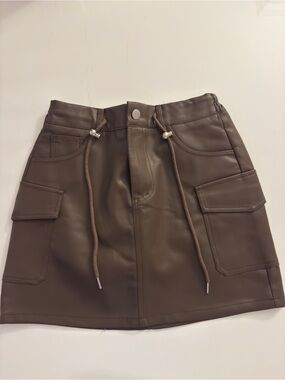High Waisted Faux Leather Brown Cargo Mini Skort